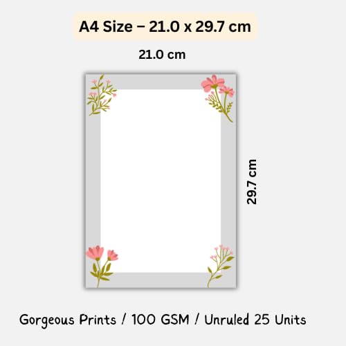 Premium A4 Floral Border Sheets (Pack of 25) – 100 GSM Unruled Designer Paper for Project Work, Letters & Stationery – Elegant Flower Theme