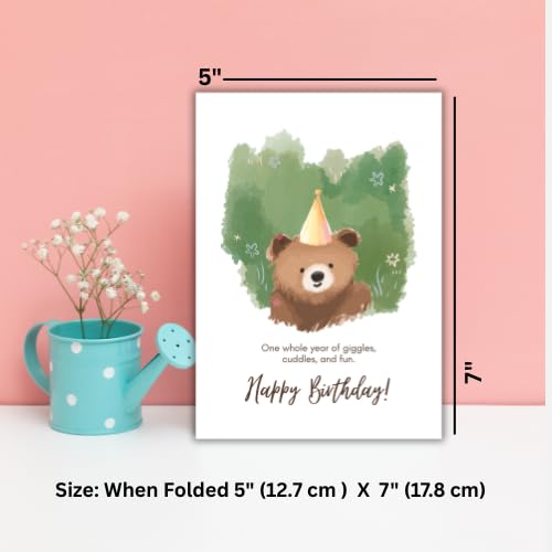 Cute Teddy Bear Birthday Greeting Card – Watercolor Bear Illustration Design – 5 x 7 Inch – Premium 250 GSM Glossy Cardstock – Blank Inside with Envelope for Personal Message