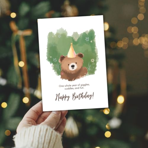 Cute Teddy Bear Birthday Greeting Card – Watercolor Bear Illustration Design – 5 x 7 Inch – Premium 250 GSM Glossy Cardstock – Blank Inside with Envelope for Personal Message