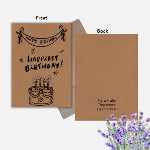 Handmade Happiest Birthday Greeting Card – Cute Minimal Cake & Banner Illustration Design – 5 x 7 Inch – Premium 250 GSM Kraft Cardstock – Blank Inside with Envelope for Personal Message