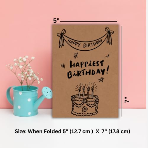 Handmade Happiest Birthday Greeting Card – Cute Minimal Cake & Banner Illustration Design – 5 x 7 Inch – Premium 250 GSM Kraft Cardstock – Blank Inside with Envelope for Personal Message