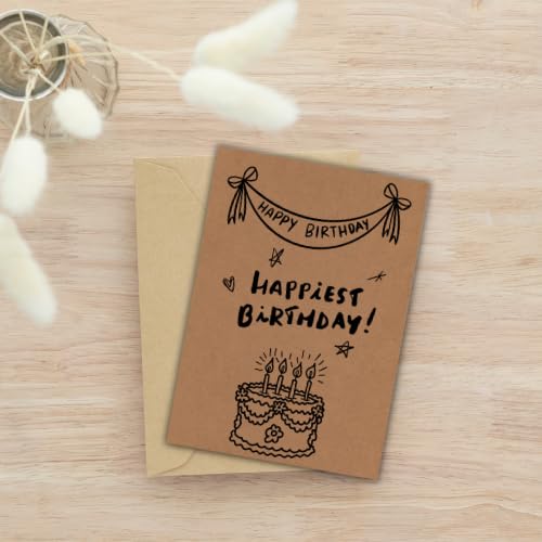 Handmade Happiest Birthday Greeting Card – Cute Minimal Cake & Banner Illustration Design – 5 x 7 Inch – Premium 250 GSM Kraft Cardstock – Blank Inside with Envelope for Personal Message