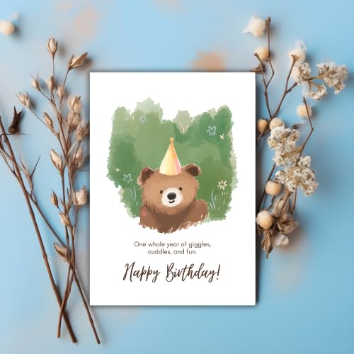 Cute Teddy Bear Birthday Greeting Card – Watercolor Bear Illustration Design – 5 x 7 Inch – Premium 250 GSM Glossy Cardstock – Blank Inside with Envelope for Personal Message