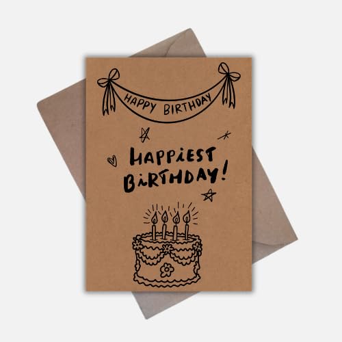 Handmade Happiest Birthday Greeting Card – Cute Minimal Cake & Banner Illustration Design – 5 x 7 Inch – Premium 250 GSM Kraft Cardstock – Blank Inside with Envelope for Personal Message