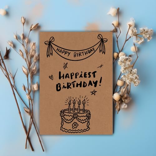Handmade Happiest Birthday Greeting Card – Cute Minimal Cake & Banner Illustration Design – 5 x 7 Inch – Premium 250 GSM Kraft Cardstock – Blank Inside with Envelope for Personal Message