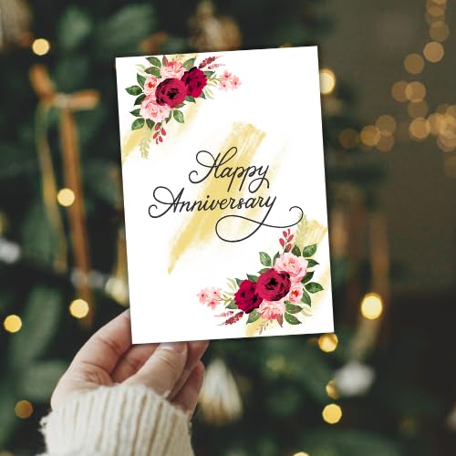 Happy Anniversary Greeting Card – Elegant Watercolor Floral Design – 5 x 7 Inch – Premium 250 GSM Glossy Cardstock – Blank Inside with Envelope