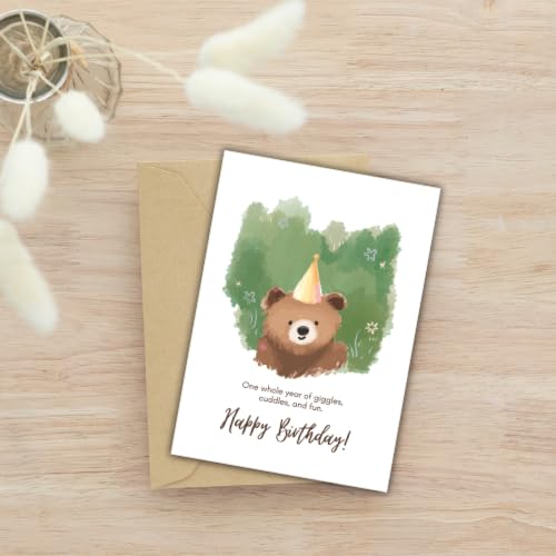 Cute Teddy Bear Birthday Greeting Card – Watercolor Bear Illustration Design – 5 x 7 Inch – Premium 250 GSM Glossy Cardstock – Blank Inside with Envelope for Personal Message