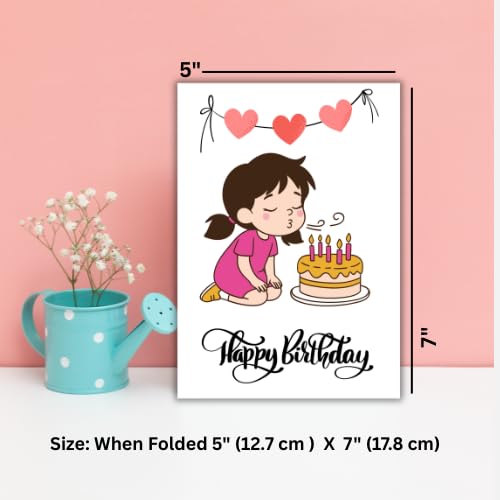 Cute Girl Birthday Greeting Card – 5x7 Inch, 250 GSM Glossy, Blank Inside for Message with Envelope, Premium Illustration Design
