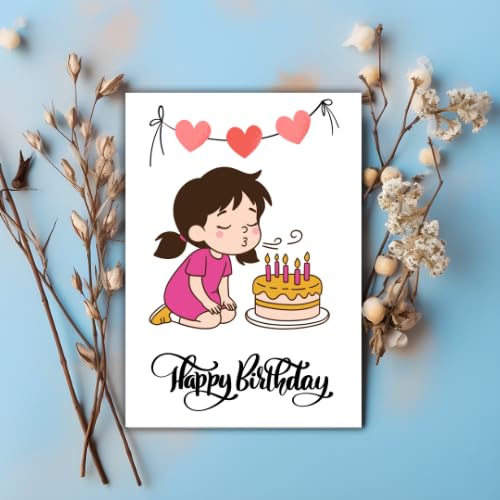 Cute Girl Birthday Greeting Card – 5x7 Inch, 250 GSM Glossy, Blank Inside for Message with Envelope, Premium Illustration Design