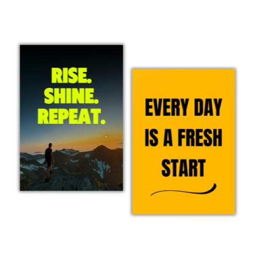 Motivational Poster Rise, Shine and Repeat | Motivational Wall Posters For Gym and Office | Unframed A4 Inspiring Posters 2Pcs | Laminated, Premium Finish, Back-Side Stickers for Easy Wall Mounting
