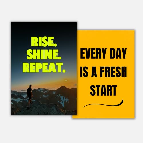 Motivational Poster Rise, Shine and Repeat | Motivational Wall Posters For Gym and Office | Unframed A4 Inspiring Posters 2Pcs | Laminated, Premium Finish, Back-Side Stickers for Easy Wall Mounting