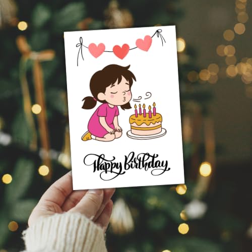 Cute Girl Birthday Greeting Card – 5x7 Inch, 250 GSM Glossy, Blank Inside for Message with Envelope, Premium Illustration Design