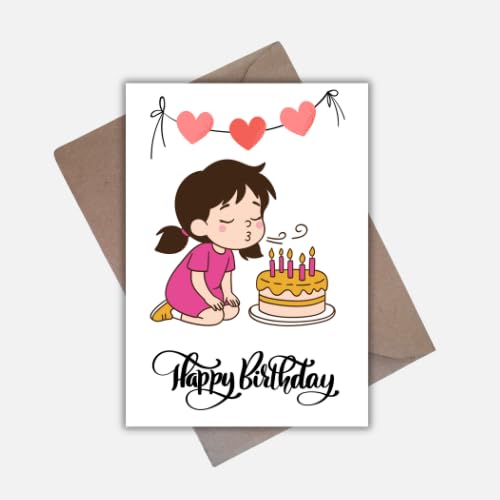 Cute Girl Birthday Greeting Card – 5x7 Inch, 250 GSM Glossy, Blank Inside for Message with Envelope, Premium Illustration Design
