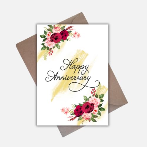 Happy Anniversary Greeting Card – Elegant Watercolor Floral Design – 5 x 7 Inch – Premium 250 GSM Glossy Cardstock – Blank Inside with Envelope