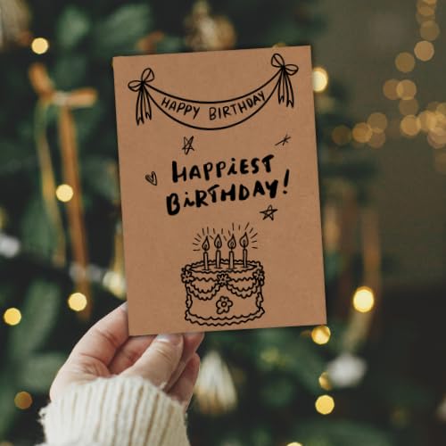 Handmade Happiest Birthday Greeting Card – Cute Minimal Cake & Banner Illustration Design – 5 x 7 Inch – Premium 250 GSM Kraft Cardstock – Blank Inside with Envelope for Personal Message