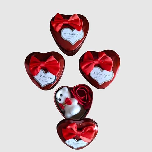 Heart Shaped Valentines Day Gift Box | I Love You Message Small Teddy Bear With 1 Red Rose  | (Pack of 4 Pcs)