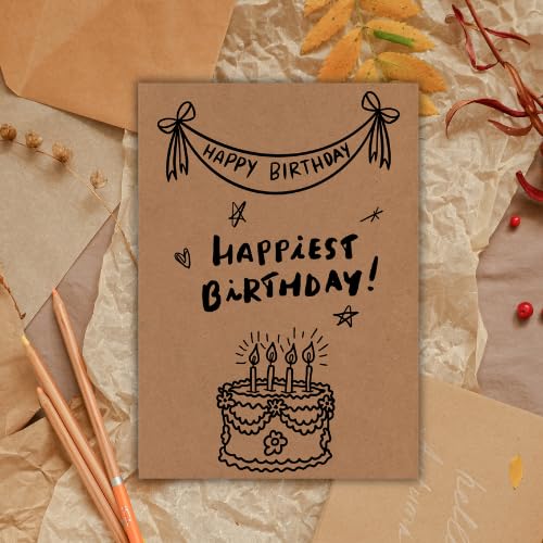 Handmade Happiest Birthday Greeting Card – Cute Minimal Cake & Banner Illustration Design – 5 x 7 Inch – Premium 250 GSM Kraft Cardstock – Blank Inside with Envelope for Personal Message