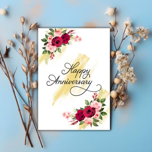Happy Anniversary Greeting Card – Elegant Watercolor Floral Design – 5 x 7 Inch – Premium 250 GSM Glossy Cardstock – Blank Inside with Envelope