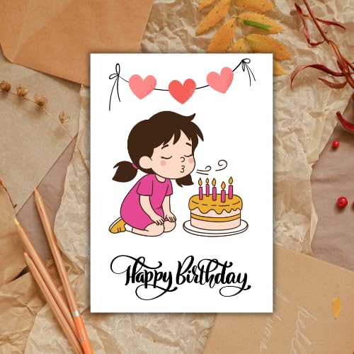 Cute Girl Birthday Greeting Card – 5x7 Inch, 250 GSM Glossy, Blank Inside for Message with Envelope, Premium Illustration Design