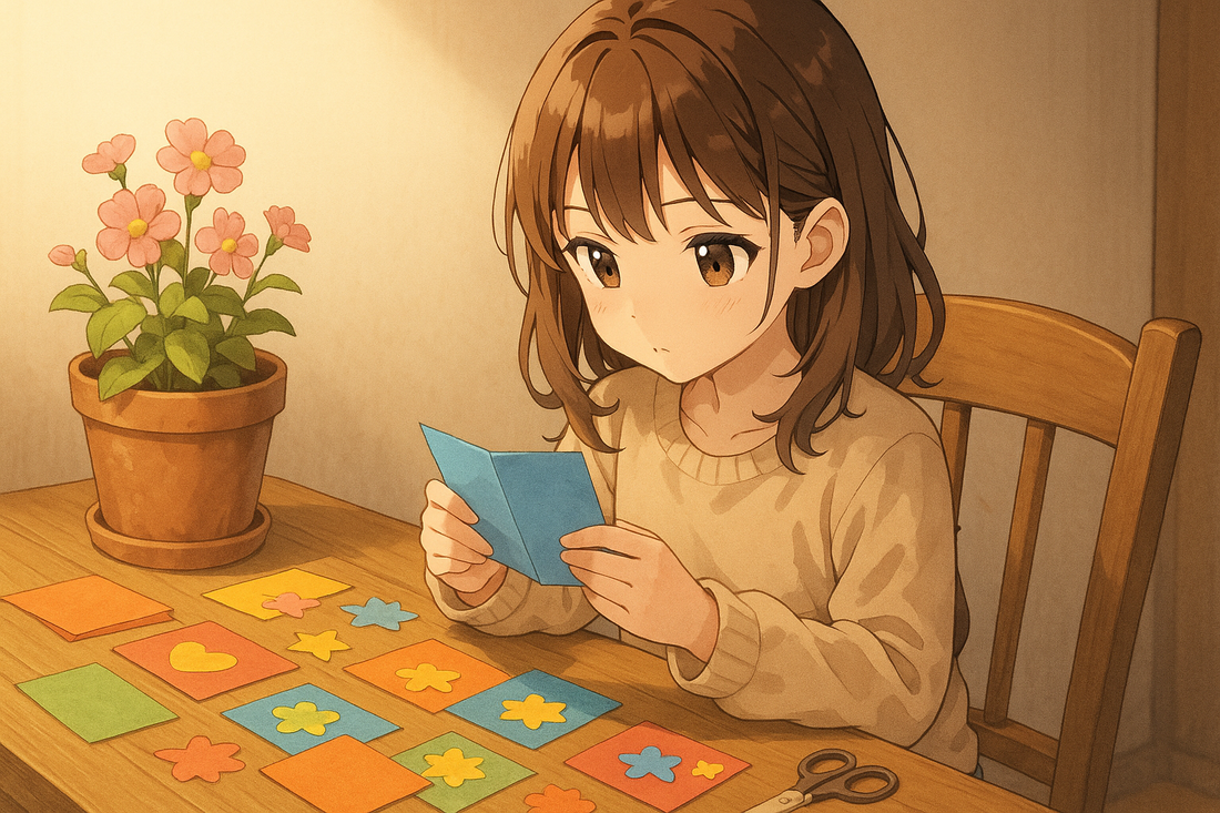 anime youg girl doing crafting with some cards and sitting on chair with table with side flower pot. doing crafting..